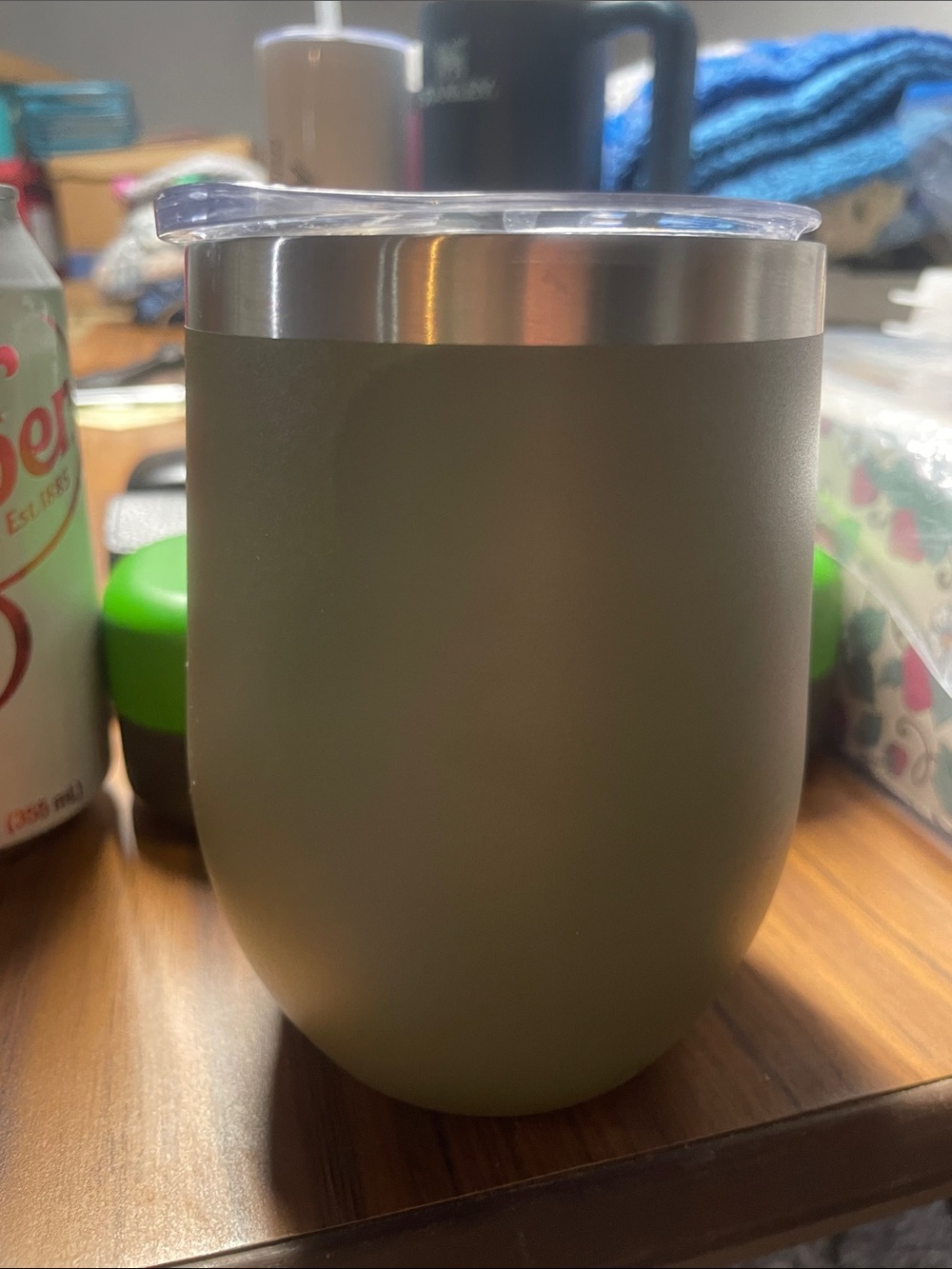 Insulated Olive Green Stainless Steel Wine Tumbler with Lid